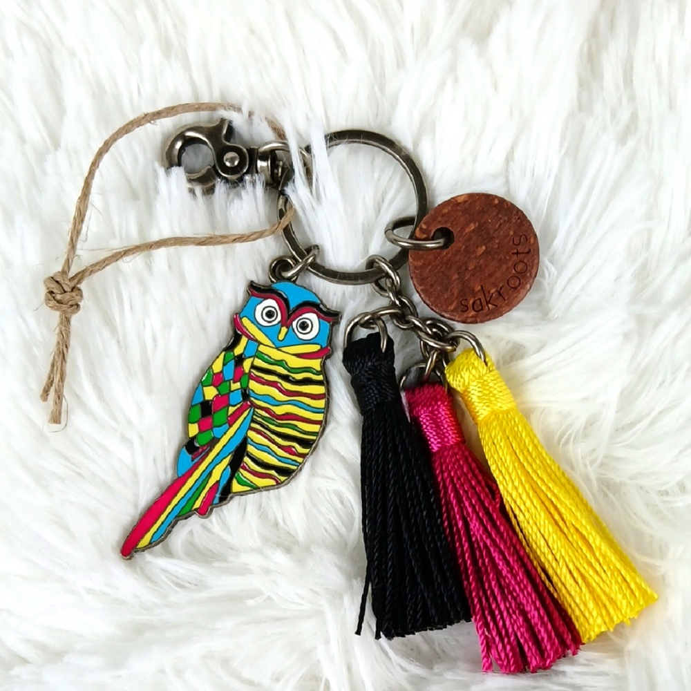 Sakroots Multicolor Owl Keychain with Tassels